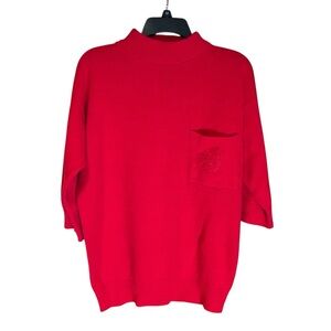 Vintage Pour le Chic Women’s Red Mock Neck Sweater Crest Pocket USA Made XL Read